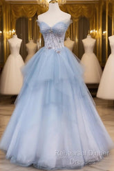 Light Blue Gradient Tulle With Beaded Long Formal Dress, Light Blue Long Semi Formal Prom Dress